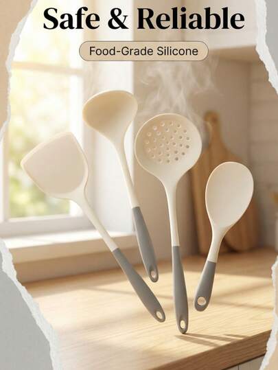 Silicone Kitchenware Set Of Four Pieces: Heat-Resistant And Non-Slip Design, Flexible . Suitable For Cooking, Stir-Frying, Pouring Soup, Draining Water, Picking Up Ingredients, And Is Suitable For Family Meal Cooking. Great For Friends' Gatherings And Cooking At Home. A Must-Have Kitchen Tool.