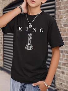 Short-Sleeved T-Shirt With Round Neck And Casual Graphic Print For Children And Teenagers, Summer Top - 黑色 - 查看 3