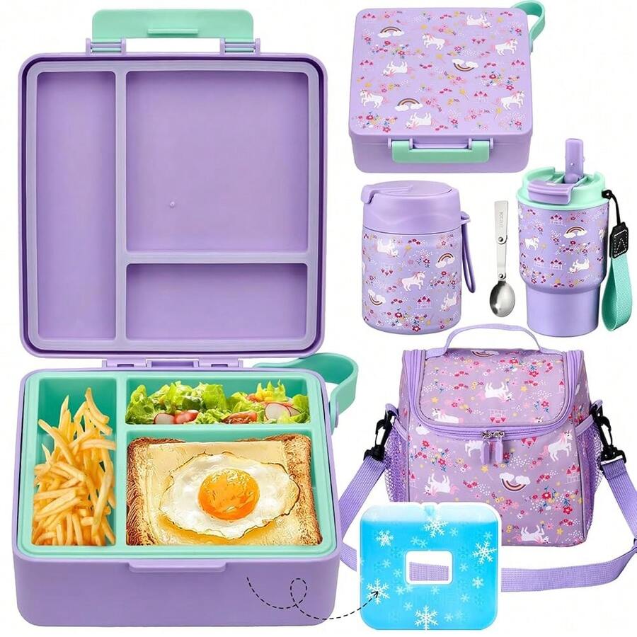 Pawtong Lunch Box Set With Bento Box Container, 17OZ Stainless Steel Food Soup Thermo, Water Bottle & Portable Insulated Lunch Bag, Leakproof, Hot/Cold Retention For Schoolsss, Travel (Purple-Horse) - 紫馬 - 查看 1