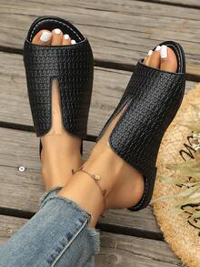 Women's Summer Woven Transparent Casual Sandals, Versatile Flat Sandals For Daily Commute - Black - View 5