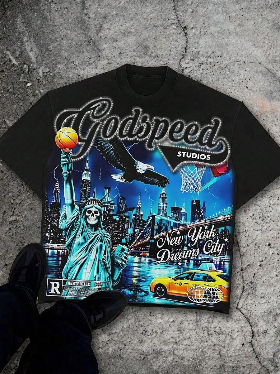 Skull Statue Of Liberty Element, New York Cityscape, American Street Aesthetic Print T-Shirt,  Boy's Summer Round Neck Short Sleeved Casual T-Shirt - 黑色 - 查看 1