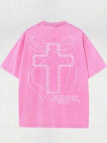 Women's Fun Christian, Cross, Jesus, Religious Belief, God Cartoon Letter Pattern Print On The Street, Korean Version Comfortable Retro Fashionable Commuting Versatile Y2k Women's Clothing, Regular Niche Punk Style Black Fitted Round-Neck Short-Sleeved Washed T-Shirt, Washed Retro Series Comfortable Pure Cotton T-Shirt, Easily Create Retro Casual Clothing, Suitable For Daily Commuting, Casual Outings, Daily Wear, Classic Retro Style Women's Clothing - Màu Hồng Tươi - Xem 2