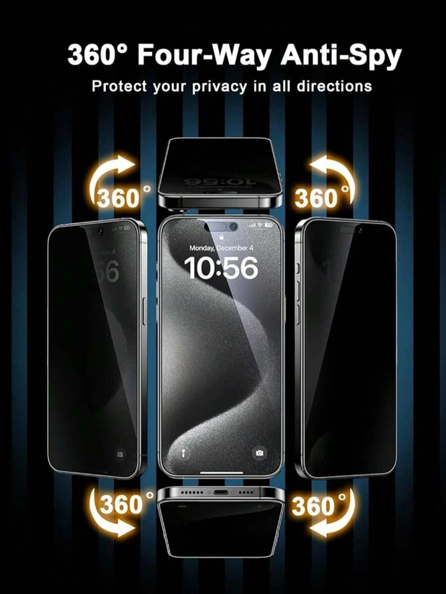 Yezodawee 3pcs 360° Full Coverage Privacy Screen Protector – 4-Way Privacy Protection, Ultra-Strong Tempered Glass, 5x Strength Increase, Invisible Protection, Anti-Fingerprint, Easy Installation, Scratch-Resistant, Bubble-Free, Compatible With Phone Cases, Anti-Peeping, Anti-Fingerprint, Anti-Drop, Fits Phone 18 Pro Max 17/16/15/14/13/12/11/XS Max/XR Series - Black - View 1