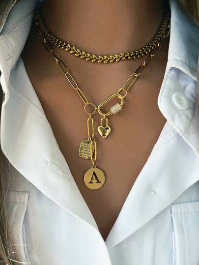 1pc Women's Gold Necklace With Screw Lock Design, Includes Letter Pendant, Letter Plate Pendant And Heart Lock Pendant, Fashionable And Lively, Suitable For Daily Wear And Holiday Occasions