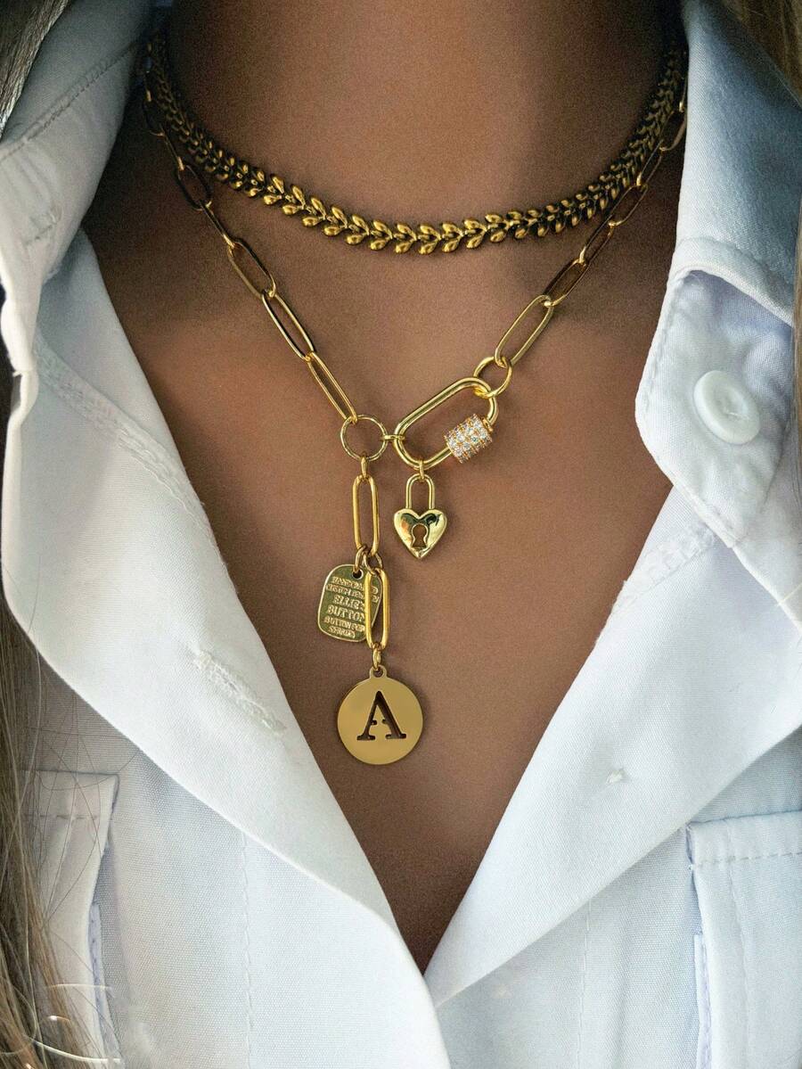 1pc Women's Gold Necklace With Screw Lock Design, Includes Letter Pendant, Letter Plate Pendant And Heart Lock Pendant, Fashionable And Lively, Suitable For Daily Wear And Holiday Occasions - Gold - View 1