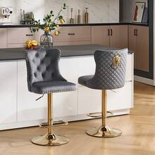 Velvet Bar Stools Set Of 2, Height Adjustable Breakfast Bar Stool, Counter Modern High Chair With Lion Knocker, Suitable For Bars Kitchens And Breakfast Counters, Gold Grey - Dark Grey - View 12