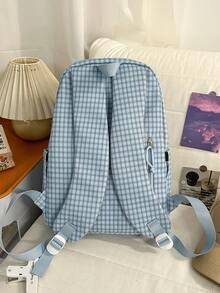 1pc Nylon Plaid Cute Backpack, Fashion Casual Large Capacity Student Bag, Unisex - Blue - View 3