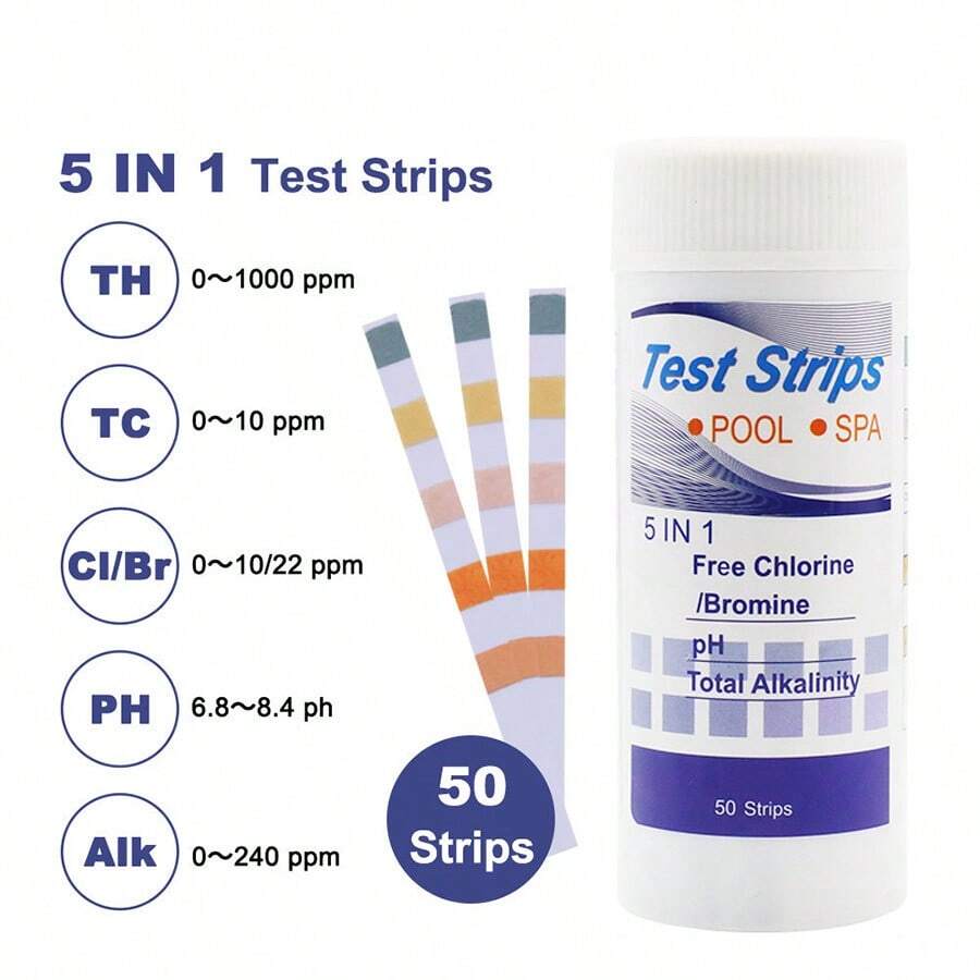 1 botella 50 piezas Tiras reactivas de 5 en 1 para piscina y spa, para probar pH, cloro, bromo, alcalinidad total y dureza total, kit de prueba de agua de piscina, incluye tarjeta de comparación de colores