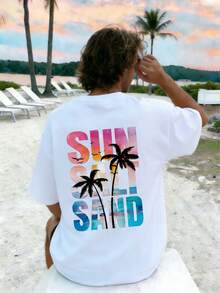 New Men's Letter & Palm Tree Print Beach Vacation Style Short Sleeve T-Shirt - White - View 7