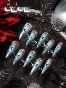 10片装亚克力尖头美甲贴片，蓝白猫眼款，蓝色3D立体水钻装饰，简约全覆盖亚克力假指甲，手工贴片套装，现代美甲用品，完美适合女性和女孩的日常妆容，也适用于节日、派对、庆典和其他场合。套装内含工具，是送给女性和女孩的绝佳礼物。 - 淺藍色 - 查看 2