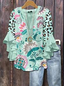 1 Women's Floral & Paisley& Leopard Print Blouse Tops - Button-Front Top With Three-Quarter Length Ruffle Sleeves, Non-See-Through Fabric For Everyday & Formal Events - Spring/Summer Blouse In Green, Women'S Clothing - 杏桃粉紅色 - 查看 1