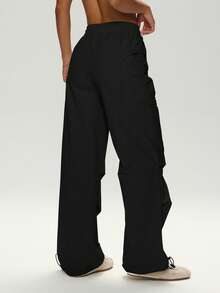 UONNOU 1pc Y2K Style Women's Parachute Pants Elastic Drawstring Waist Design Large Pockets Adjustable Hem Street Style Cargo Pants - Black - View 6