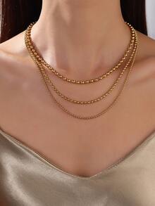 1pc Stainless Steel Beaded Chain Necklace, Women's Fashionable Gold Ball Pendant Necklace, Men's Accessory - Necklace - View 2