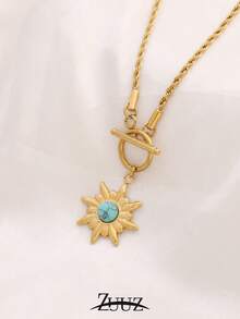 1pc Fashion Stainless Steel Necklace Round Natural Stone Sun Pendant Necklace Female Jewelry Suitable For Women's Daily Wear - necklace - View 5