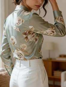 女士印花长袖单排扣优雅衬衫，高端风格 - 薄荷綠 - 查看 3