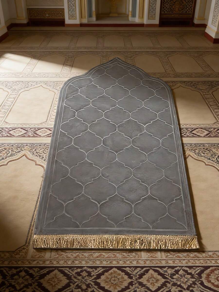 1pc Elegant Floral Prayer Mat - Soft Flannel, Machine Washable, Rectangular Comfort Mat With Golden-Lit Mosque Design For Indoor - Grey - View 1