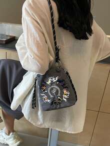 可爱刺绣帆布水桶单肩斜挎包，时尚防水尼龙新款手提包，狗狗刺绣包，女士托特包，带可拆卸肩带 - 彩色 - 查看 12