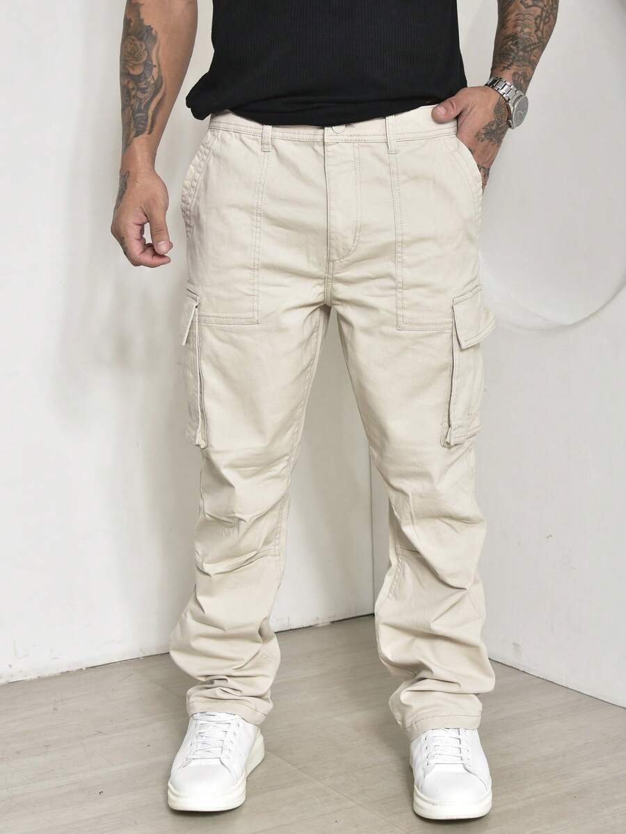 Calças Cargo Masculino Sarja Casuais com Multi-Bolsos Com Lycra