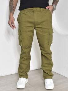 Calças Cargo Masculino Sarja Casuais com Multi-Bolsos Com Lycra - Verde Oliva - Visão 3