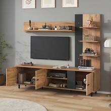 Wall-Mounted TV Unit, 187.5 X 40 X 167 Cm, With Display Cabinet, Multimedia Unit Including A TV Stand And Shelf, Living Room TV Furniture Set With 3 Cupboards, Open Shelves, Modular Wall Unit, Compatible With TVs Up To 80 Inches, Wood And Black Finish - Black + Natural Wood Color - View 2