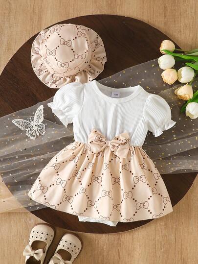 1pc Girls/Toddlers Casual 3D Bow Decor Soft Knit Hooded Short Sleeve Romper, Suitable For Outdoor Wear, Spring/Summer