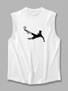 男士白色休闲背心，印有足球运动员剪影图案，透气夏季无袖背心，适合健身和日常穿着。 - 白色 - 查看 3