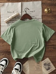 女士夏季新款简约时尚标语印花休闲度假宽松圆领短袖T恤，时尚日常上衣，适合日常和度假穿着。女士T恤上衣。 - 綠色 - 查看 5