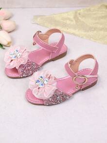 Sandal đế bằng hở mũi chống trượt bằng lưới hoa đính đá sequin mới năm 2026 dành cho bé gái, thích hợp cho du lịch dịp Quốc khánh/trang phục Halloween/các sự kiện gia đình Giáng sinh. - Hồng - Xem 1