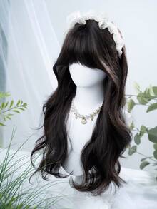 1 Synthetic Heat-Resistant Wig, Black Long Rolled Wig With Bangs, 28 Feet Long, Made Of Fiber, Suitable For Daily Use, Natural Simulation Wig - Black - View 2