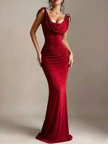 女士优雅红色无袖长款连衣裙，采用垂褶和褶皱设计，鱼尾裙摆，金属扣饰，中等弹力针织面料，适合派对、晚宴、特殊场合，性感迷人，春季婚礼之选。 - 紅色 - 查看 3