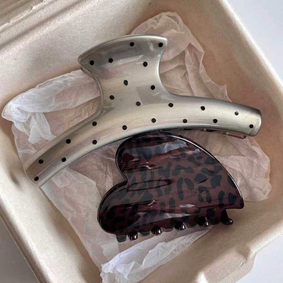 优雅亮面豹纹心形发夹，轻松打造盘发造型，适合日常佩戴 - 彩色 - 查看 1