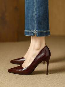 Qiluyuan 女士性感细高跟一脚蹬高跟鞋，法式优雅纯色尖头舒适办公正装鞋，适合工作、休闲、约会、派对等场合。 - 棗紅色 - 查看 7
