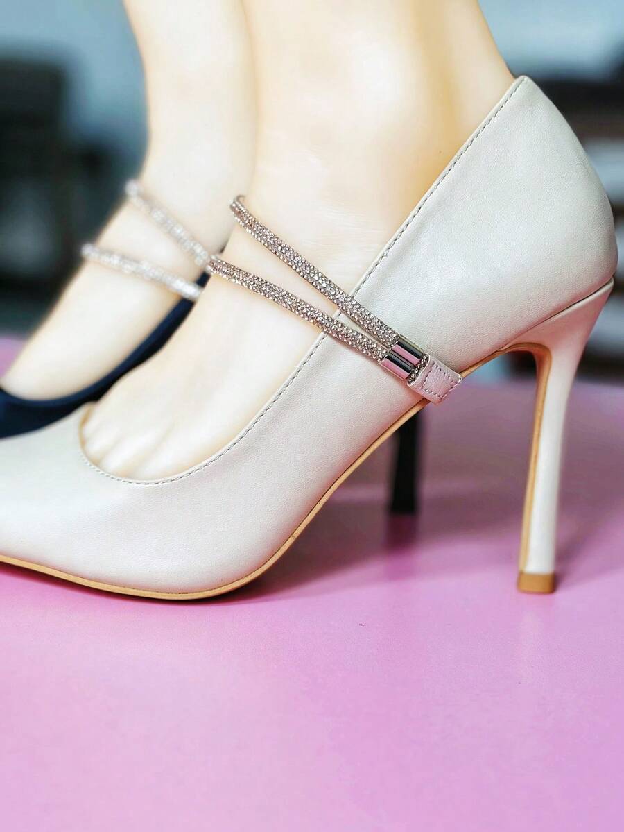 1 par de elegantes zapatillas de tacón alto con tiras elásticas con strass y antideslizantes - Negro - Ver 1