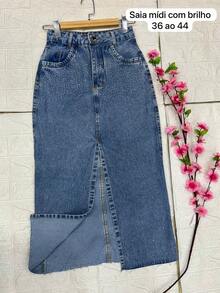 Denim Midi Skirt With Glitter And Frayed Hem. - 大理石藍 - 查看 3