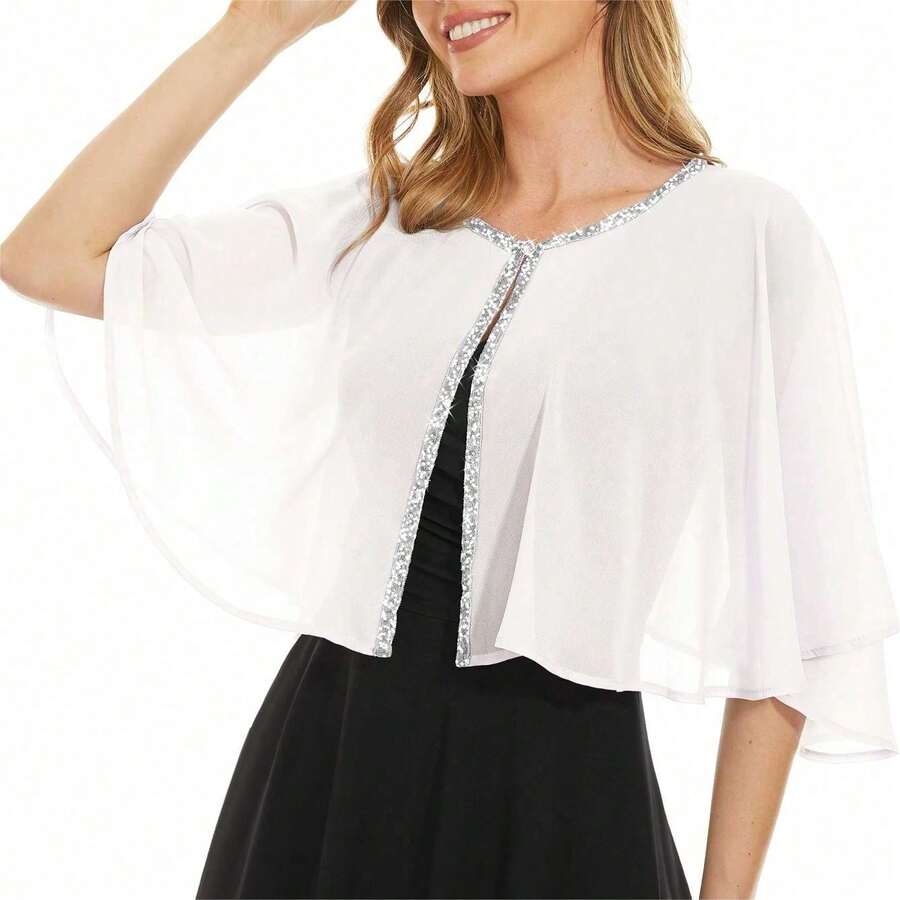 Soft Chiffon Sequin Shawls & Cape - Elegant For Evening, Wedding & Formal Events - trắng - Xem 1