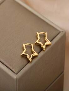 1 Pair Gold Star Hoop Earrings, Minimalist Hollow Geometric Design, Versatile Daily & Party Earrings For Girl - Gold - View 6