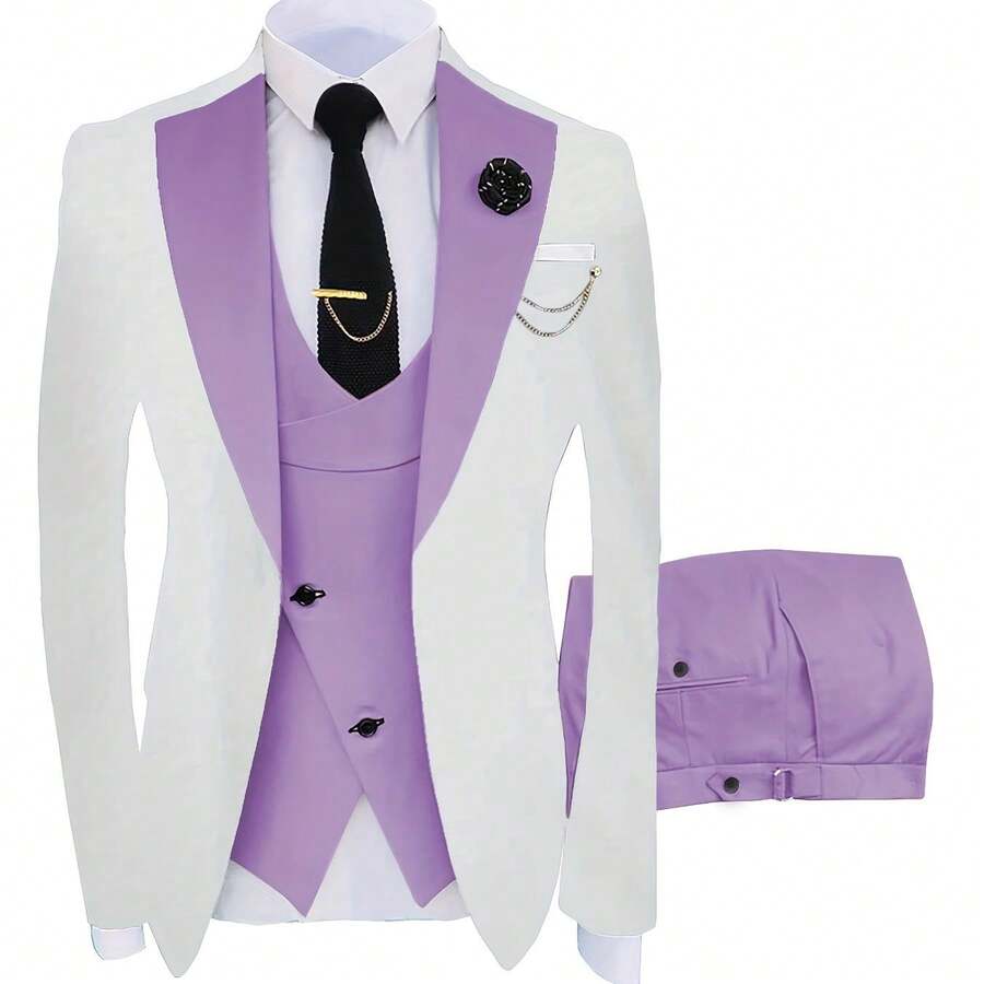 A Three-Piece Suit For Groomsmen, Featuring A Slim Fit Tuxedo Ideal For Wedding Dances, Includes A Stylish Jacket, Trousers, Vest, Tie, Tie Clip, Handkerchief, Two Cufflinks, A Boutonniere, And A Brooch For Formal Occasions - 紫色 - 查看 1