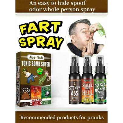 JUE FISH 臭屁恶作剧喷雾，单瓶装/三瓶组合装，恶作剧用品，玩具恶作剧，日常恶作剧道具，粪便味、地狱味、炸弹味恶作剧气味，奇葩恶作剧道具，极其恶臭，令人羞耻，令人窒息。它几乎和真正的粪便一样可怕，但这正是我们想要的。如果你正在寻找最难闻的气味，那就是它了。