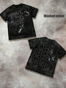 Unisex "We Are Creations Of God" Graphic T-Shirt, Double-Sided Rosary Cross Print 220G Cotton Y2K Streetwear Tee Y2K Dark Aesthetic Tee Breathable & Comfortable Cotton - 水洗黑 - 查看 1