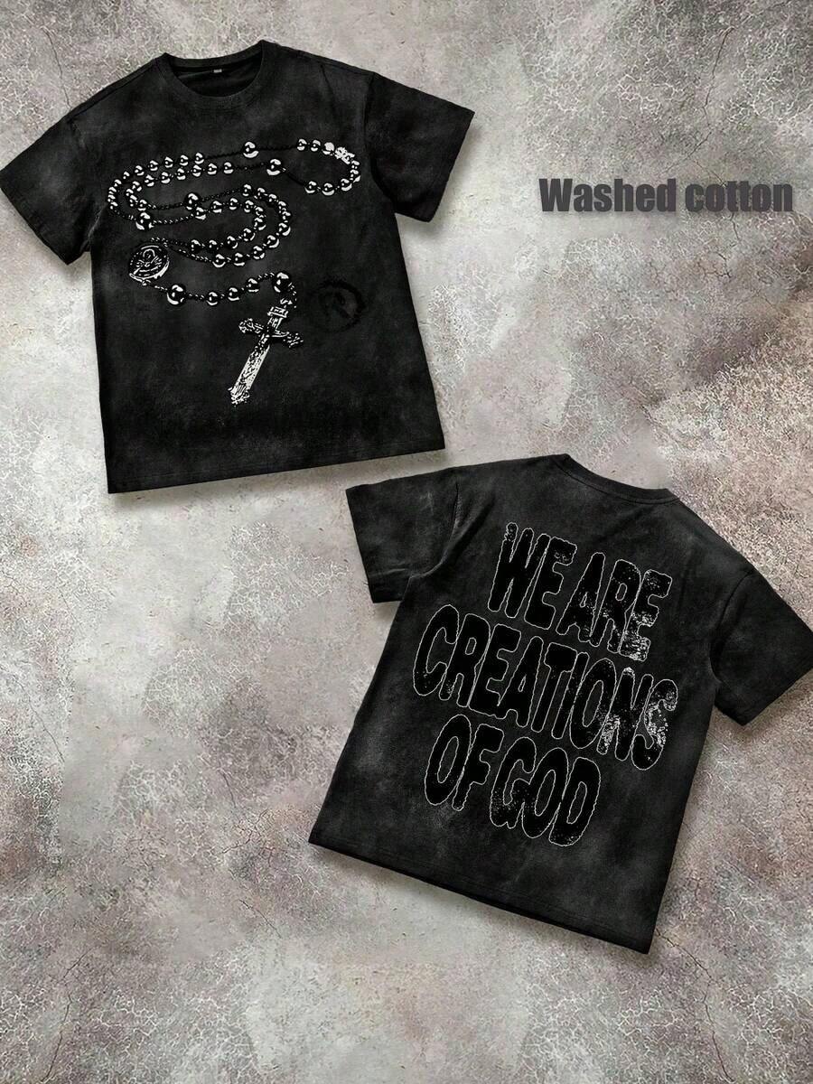 Unisex "We Are Creations Of God" Graphic T-Shirt, Double-Sided Rosary Cross Print 220G Cotton Y2K Streetwear Tee Y2K Dark Aesthetic Tee Breathable & Comfortable Cotton - 水洗黑 - 查看 1