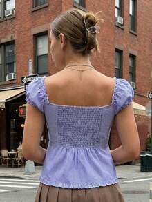 Women's Summer Sweetheart Neck Tops Short Sleeve Solid Color/Striped  Ruched T-Shirt - Blue - View 5