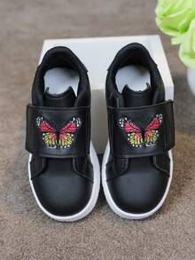 1 Pair Girls Boys Versatile Hook And Loop Comfortable Breathable White Sneakers With Colorful Powder Decoration Patchwork Fashion Flat Shoes Campus Student Casual Style Baby Shoes Running Sports Shoes - Black - View 5
