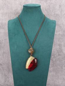 1pc Fashionable Asymmetrical Oval Alloy Resin Inlaid Pendant Necklace, Unique Beaded Choker Necklace, Party Jewelry Gift For Lover On Valentine's Day - Brown Wax Rope - View 7