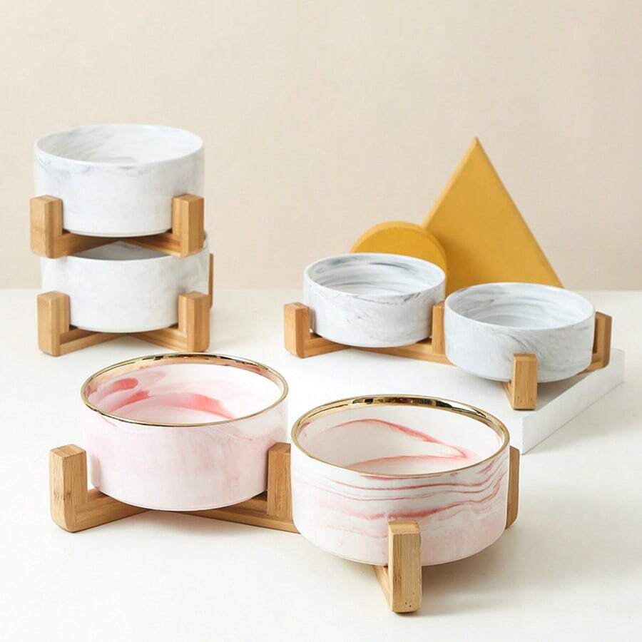 陶瓷猫狗碗，竹底，加厚防倾倒防噎宠物食品水碗套装，易于清洁，适用于猫、狗、幼犬，宠物用品，陶瓷宠物碗带防滑竹底