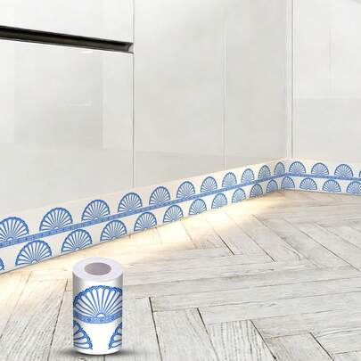 1 Roll Self-Adhesive Waistline Wallpaper, Blue Fan-Shaped Pattern, Removable Wall Border Decor, Baseboard Renovation Sticker, TV Background Door Frame Decorative Line, Waterproof And Moisture-Proof, Easy To Install, Suitable For Home Decoration, Waistline Decoration, Wall Painting, Pasting, Glass, Sealing Wood, Smooth Surface Decoration, Elegant Decor For Living Room, Bedroom, Study, Dining Room, Bathroom And Entrance
