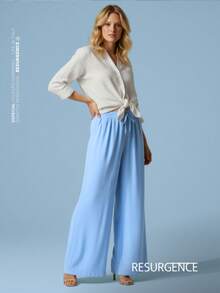 Women's Wide Leg Palazzo Pants, High Waist, Duna Fabric, Knit Fabric, Casual, Basic, Practical, Perfect For Everyday, Spring, Summer, Drawstring, Vacation, Office, Night, Diary, Travel - Baby Blue - View 5