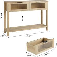 Mesa Consola de Madera para Entrada, Mesa de sofá de 2 Niveles con 2 cajones de Vidrio y Almacenamiento, Ideal para Sala de Estar y vestíbulo, Madera Natural - color de madera natural - Ver 8
