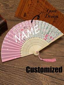 Custom Pink Floral Pattern Decorative Folding Chinese Fan, Customizable Name Chinese Folding Fan With Tassel, Suitable For Party, Dance - Multicolor - View 10