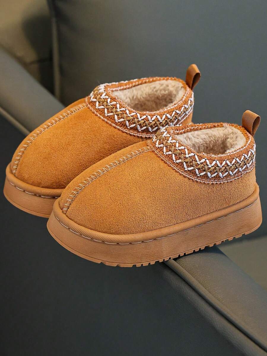 Children's Slippers With Heels For Boys And Girls In Autumn And Winter, Indoor Furry Shoes With Soft Soles, Fashionable And Simple, Small Children, Medium Children, Large Children, And Children's Snow Boots, New Style For 2025 - 棕色 - 查看 1