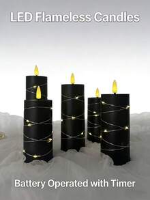 5/4/2pcs Set Black Battery Operated Flameless Candles With Remote Control Timer, Realistic Flickering Flame, Romantic Ambiance, For Tabletop, Bedroom, Party, Holiday Decor - Black String Lights - View 5